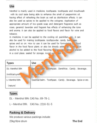 المادة الكيميائية DL-Menthol 99% الحل المثالي لإنتاج الأبيض الصلب
